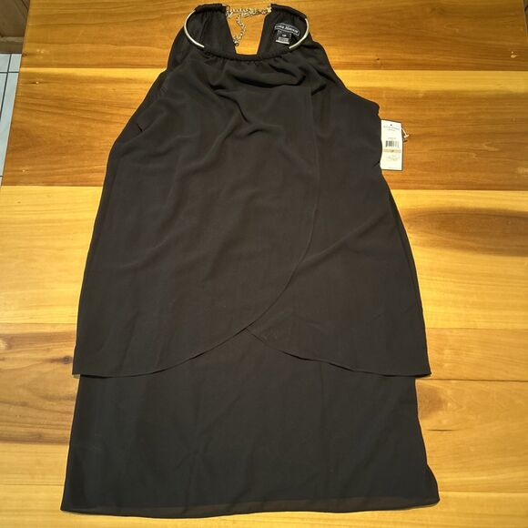 Jessica Howard Chiffon Halter Sheath Dress. 12P. Black. Knee Length. - Picture 1 of 10